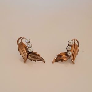 Gold and Pearl Leaf Earrings
